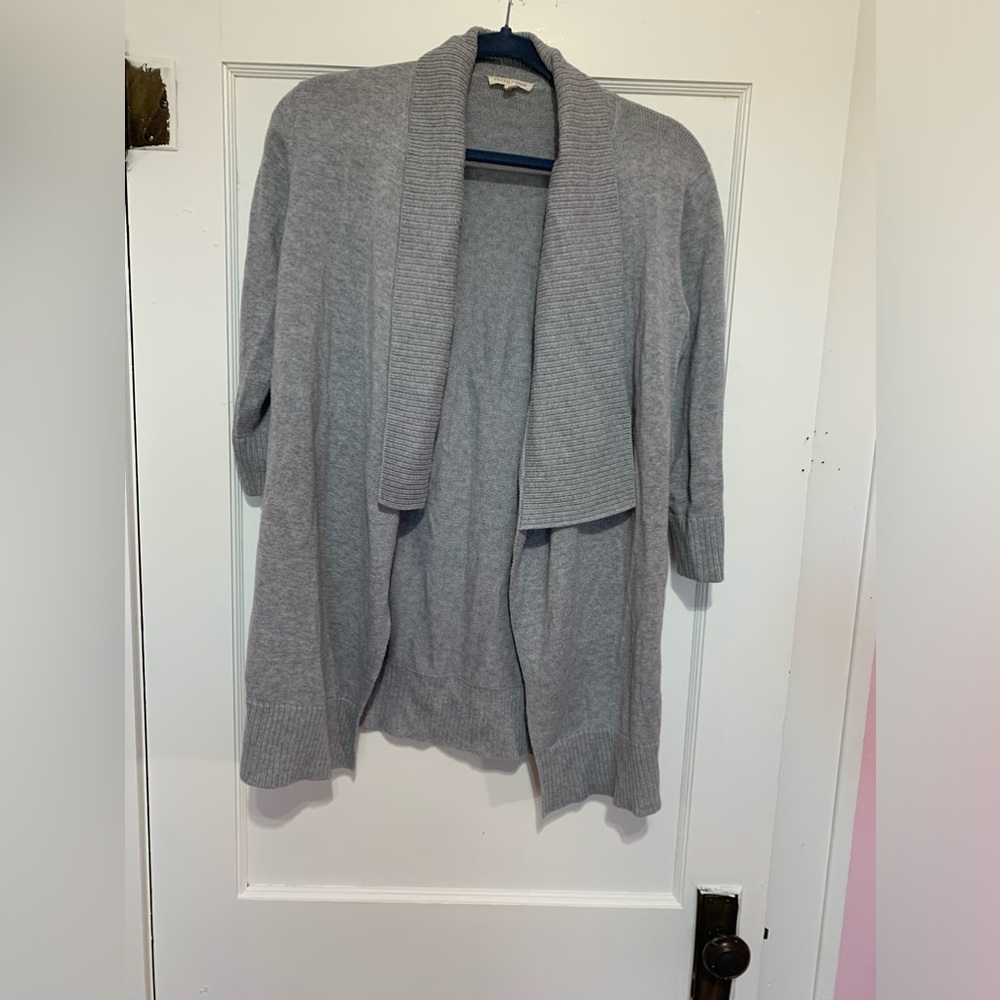 Eileen Fisher short sleeve open front sweater in grey